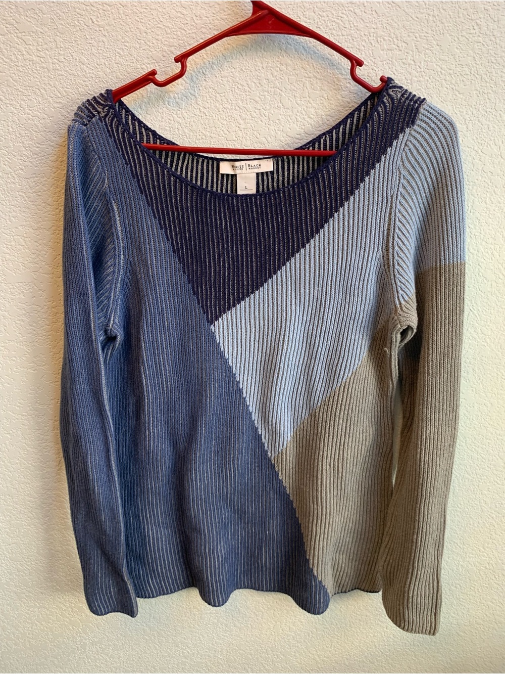 White House Black Market Colorblock Ribbed Sweater - Blue/Gray/Taupe